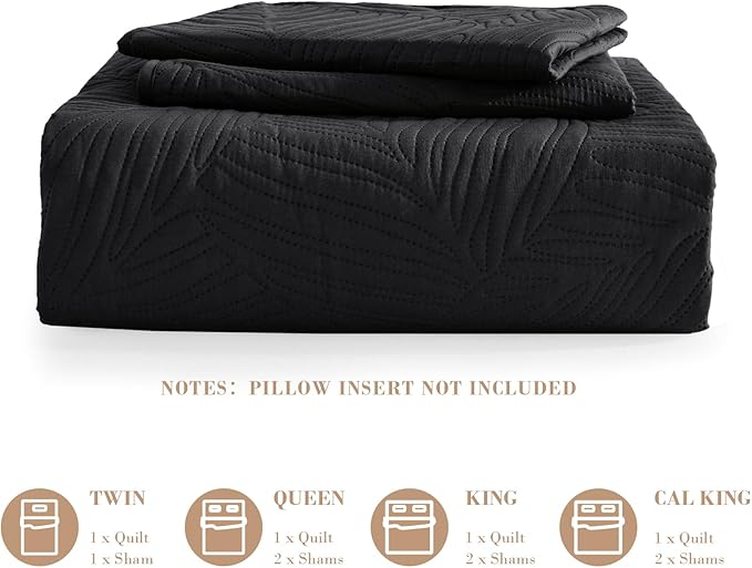 Exclusivo Mezcla Queen Quilt Bedding Set, Lightweight Black Quilts Queen Full Size for All Seasons, Soft Microfiber Bedspreads Coverlets Bed Cover with Leaf Pattern, 3 Piece
