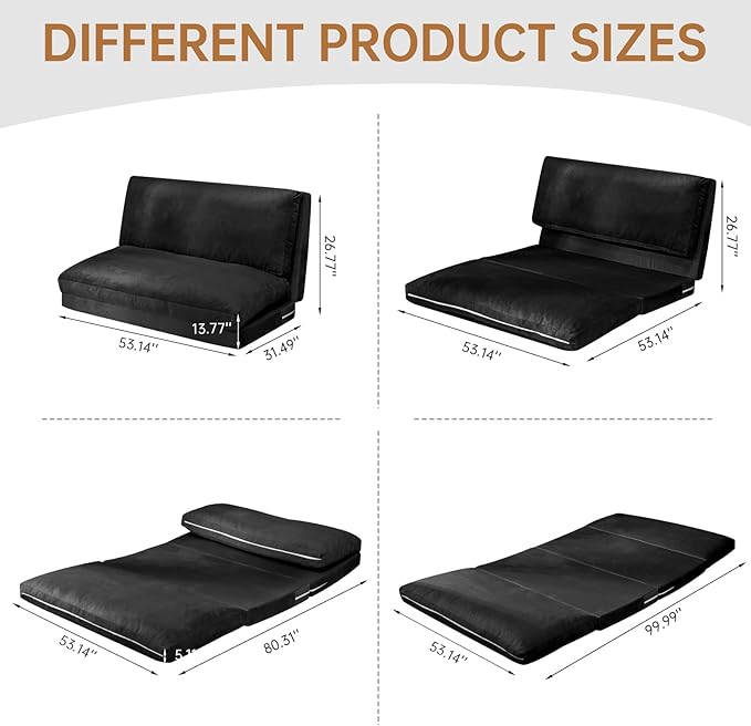 Bean Bag Chairs for Adults,Folding Sofa Bed,Floor Couch Bed, Foam Filling Fold Floor Mattress with Washable Soft Faux Fur Cover, Leisure Floor Couch for Bedroom Living Room(Black, Double)
