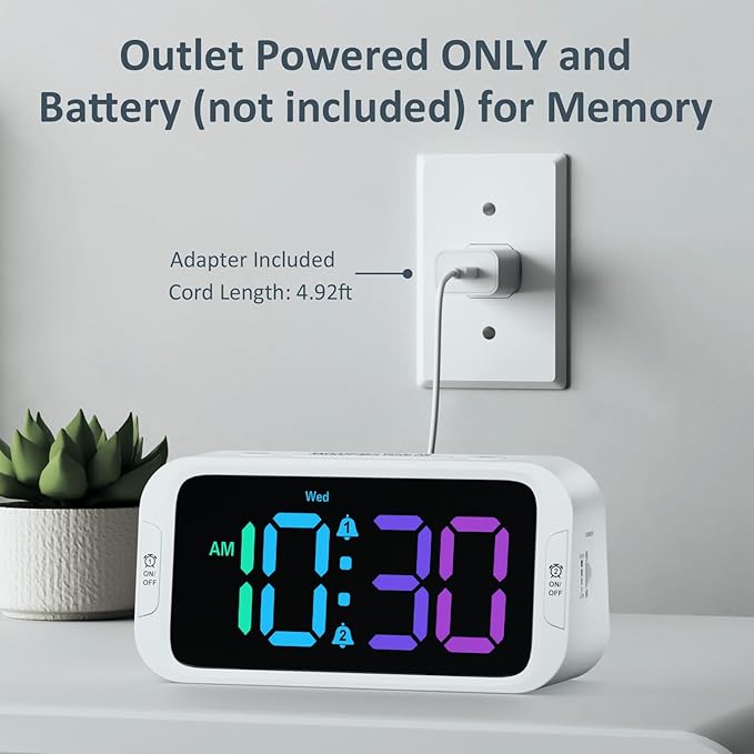 Dual Colorful Alarm Clock for Kids Bedroom - 0-100% Dimmer, 5 Alarm Sounds, USB Charger, Easy to Set, Weekday/Weekend Mode, Snooze, 12/24Hr, Battery Backup, Digital Clock for Teens Boys Bedside