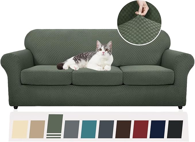 YEMYHOM Latest Checkered 4 Pieces Couch Covers for 3 Cushion Couch High Stretch Thickened Sofa Cover for Dogs Pets Elastic Slipcovers Living Room Furniture Protector (Army Green), 71"-91"(3 Cushions)