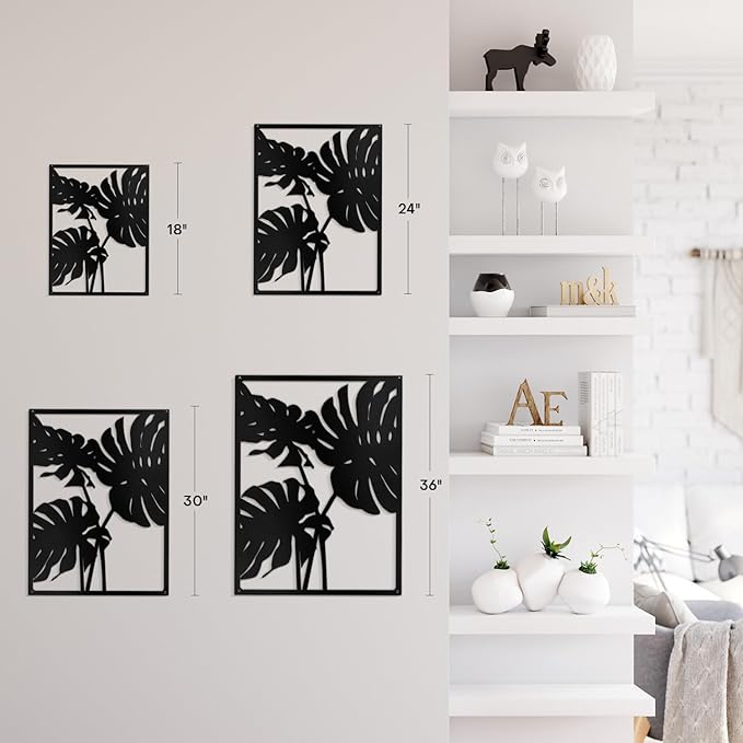 SIGNLEADER Metal Wall Art Decor Three Tropical Monsteras Leaf Minimalist Modern Abstract Wall Sculpture Hangings Home Decoration for Living Room, Bedroom, Bathroom, Kitchen, Outdoor - 24" Black