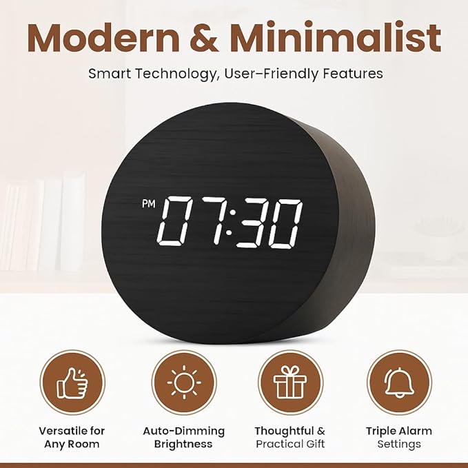 Wooden Alarm Clock Led Aesthetic Modern Alarm Digital Led Light for Desk with Large Display Elegant Aesthetic Gift (White)