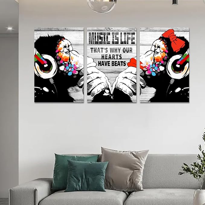 Novatique Banksy Canvas Wall Art Street Graffiti Wall Art Music is Life Animals Painting Print Abstract Painting Pop Art Wall Decor Monkey Graffiti Art for Living Room Bathroom, 20" x 28" x 3pcs