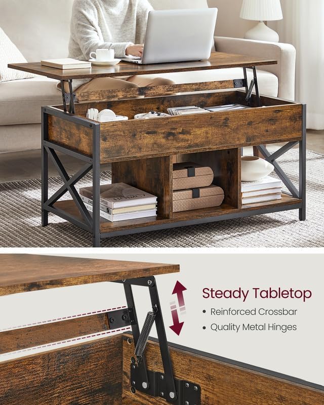 VASAGLE Lift Top Coffee Table, Lift Coffee Table with Storage Shelf, Hidden Compartments and Lifting Top, for Living Room, Office, 19.7 x 39.4 x (19.3-24.4) Inches, Rustic Brown and Black ULCT202B01