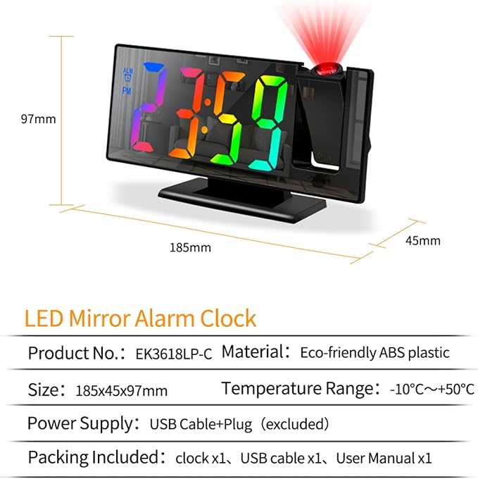 Projection Alarm Clock for Bedroom, Digital Smart Clock with 180° Rotatable Projector, 3 Level Brightness Dimmer, Clear LED Color Display, Digital Alarm Clock for Bedroom