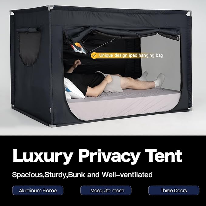 Bed Canopy Portable Blackout Bed Tent Privacy Tent for Adult Indoor Sleeping with 3 Doors, Storage Bag