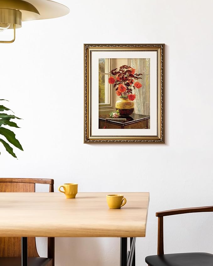 ARPEOTCY Vintage Gold Framed Wall Art Decor, Living Room Bedroom Floral Oriental Poppy Coleus Pictures Wall Art, Farmhouse Retro Decor, Antique Picture Frame Vintage Paintings,13x16 Inch