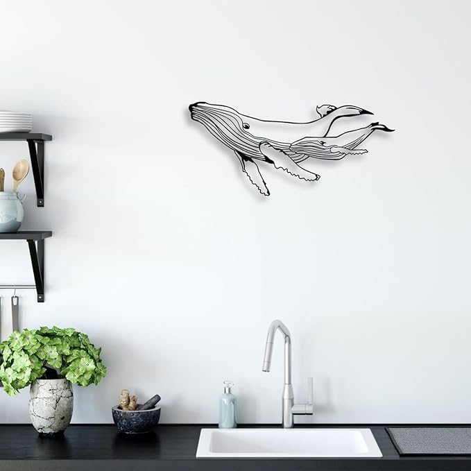 LIYOUYA Whale Metal Wall Decor - Ocean Life Art Room Decor Simple Line Black Wall Art Home Decor for Living Room, Bathroom, Bedroom, Dining Room (Black)