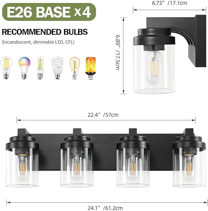 Bathroom Vanity Light, 4 Light Black Vanity Lights with Clear Glass Shade, Farmhouse Bathroom Vanity Lighting Fixtures Over Mirror for Living Room,E26