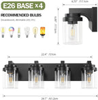 Bathroom Vanity Light, 4 Light Black Vanity Lights with Clear Glass Shade, Farmhouse Bathroom Vanity Lighting Fixtures Over Mirror for Living Room,E26