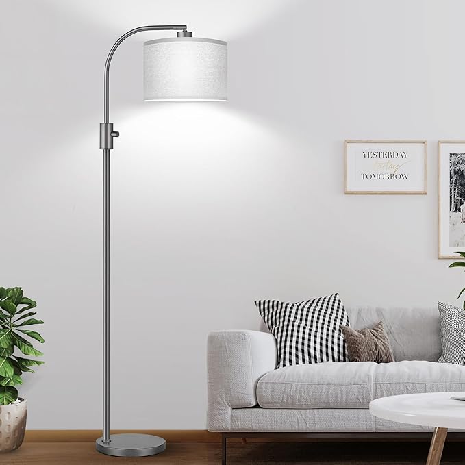 【Upgraded】 Dimmable Gray Floor Lamp, 1203 Lumens LED Bulb Included, Arc Floor Lamps for Living Room Modern Standing Lamp with Gray Linen Shade, Tall Lamp for Living Room Bedroom Office Reading Room