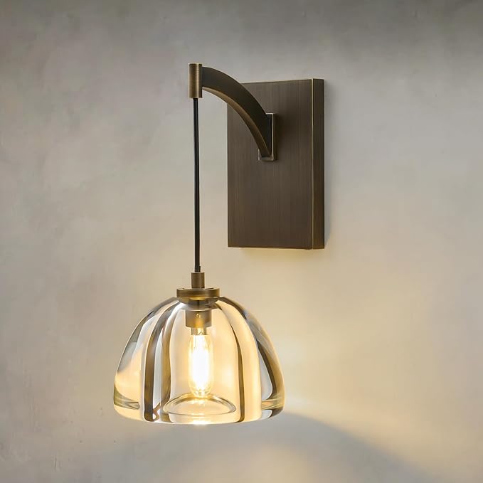 Crystal Brass Dome Wall Sconce - Luxury Antique Brushed Lighting Fixture with K9 Crystals Cloche - Dimmable Indoor Hanging Light - Modern Gold Sconces for Bathroom Bedroom Living Room Stair