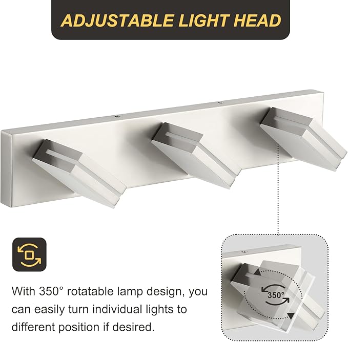 OKELI 3 Light Bathroom Vanity Light Brushed Nickel Modern 24W LED Dimmable Vanity Light Over Mirror 350° Adjustable Lamp Head Cold White 6000K ETL Listed 22Inch