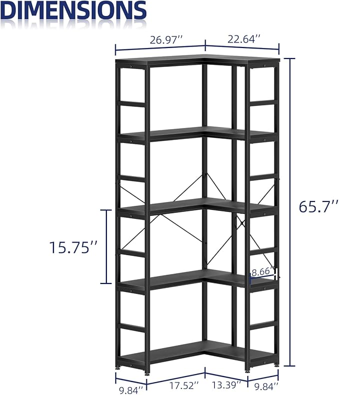 NUMENN 5 Tier Corner Bookshelf, Wood and Metal Bookcase Storage Shelf, Tall Corner Cabinet for Living Room, Bedroom, Home Office and Kitchen, Black