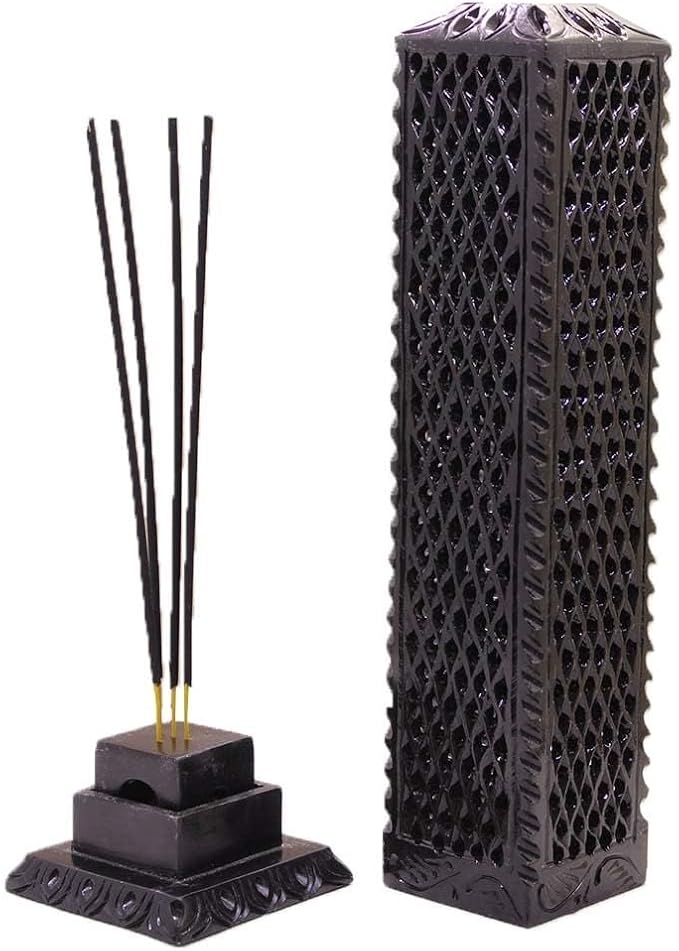 Handmade Soapstone Incense Stick Tower Holder | Marble Incense Stick Tower Burner | Aromatherapy Spa Fragrance Accessory for Home & Office Décor (11 x 3 Inches) (Black)