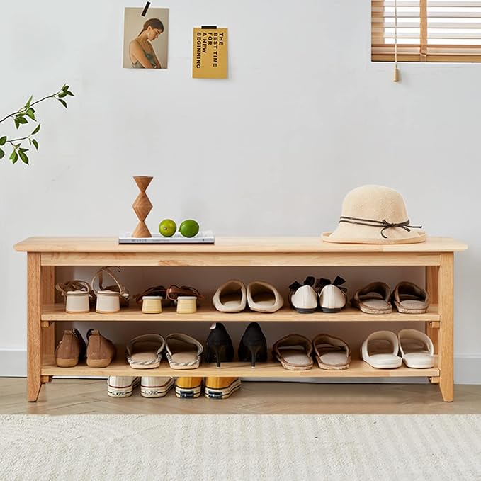 Shoe Rack Bench, 3-Tier Shoe Shelf Organizer,10-12 Pairs Entryway Storage Bench for Hallway, Bedroom, Living Room, Bedroom, Hold up to 550 lbs, Solid Wood, Natural