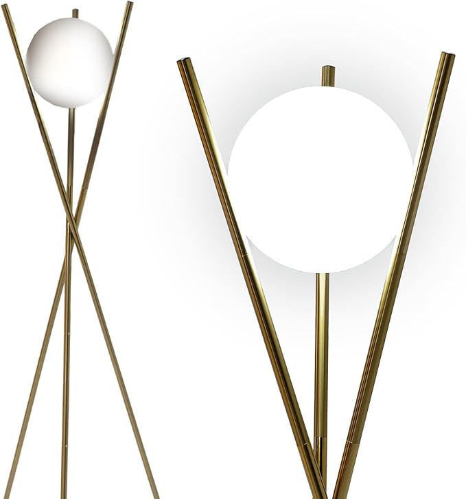 Ozarke Solstice Modern Frosted Glass Globe Floor Lamp (165cm) Contemporary LED Dimmable Lighting for Bedroom, Living Room, Hotel & Home Office (Gold)