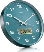 Wall Clock, 12" Dial Non-Ticking Silent Battery Operated Analog with LCD Display for Perpetual Calendar and F° Temperature, Ideal Modern Home, Bedroom, Kitchen, Office Decor (Green)