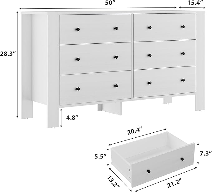 GarveeHome White 6 Drawer Dresser for Bedroom, Modern Wide Dresser Organizer with Storage Drawers, Wooden Chests of Drawers for Bedroom, Entryway, Hallway, Home Office