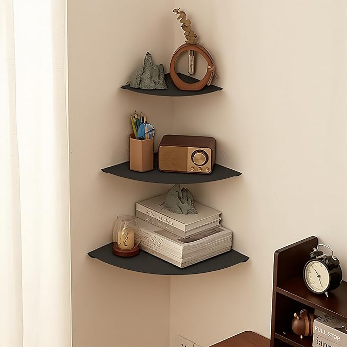 9 inch Corner Shelf Wall Mounted,Floating Corner Shelves,Corner withs Wire Hole for TV, Cable Box,Small Corner Shelf for Bathroom, Bedroom, Kitchen, Livings Room, Study Room (Black, 1Pack 9 in)