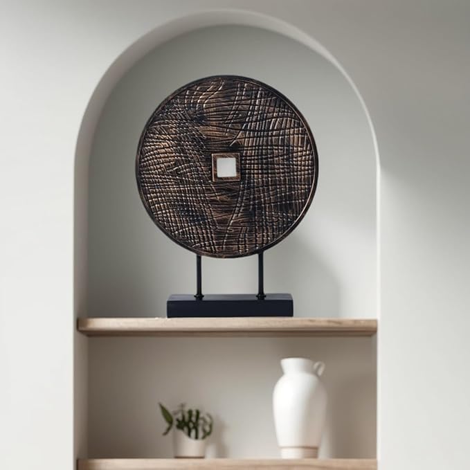 Unique Round Coin Sculpture Decorative Objects for Shelf Home Decor Accents, Modern Abstract Tabletop Decor Items for Living Room Fireplace Mantel, Above Cabinet (Black)