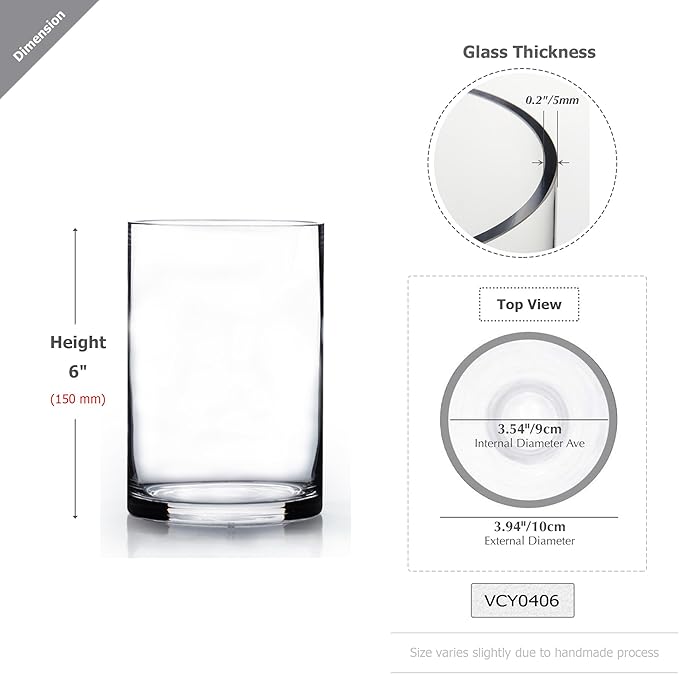 WGVI Quality Thick Weighted Clear Cylinder Glass Vases, 4" W x 6" H, Flower Arrangement Glass Candle Holders Wedding Centerpieces Terrarium Planter Pen Brush Storage Container, Bulk Wholesale, 6 Pcs