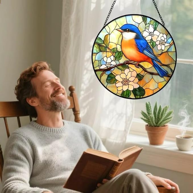 Bluebird Stained Glass Suncatcher – Tiffany Style Blue & Orange Bird Window Hanging, Round Glass Sun Catcher with Flowers for Home Window Decor, Nature Lover Gift