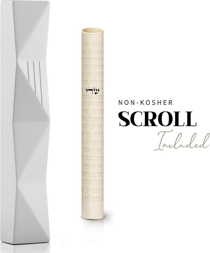 SURI Jewish Mezuzah for Door – 4 Inch White Concrete Mezuza Case with Printed Scroll, Fits a 3 Inch Mezuzzah Scroll, Self-Stick Adhesive, Gift Box Included