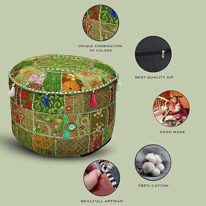 Aakriti Gallery Indian Pouf Footstool Ethnic Embroidered Pouf Cover - Cotton Round Pouffe Ottoman - Green, 22x14