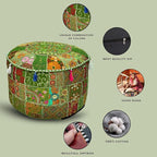 Aakriti Gallery Indian Pouf Footstool Ethnic Embroidered Pouf Cover - Cotton Round Pouffe Ottoman - Green, 22x14