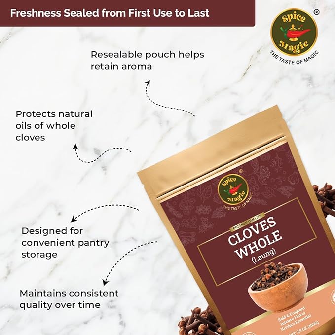 Spice Magic Cloves Whole 3.5 oz (100g) | Pure, Non-GMO, Premium Quality | Aromatic & Richly Flavored | Perfect for Cooking, Baking, Clove Tea, Pomander Balls & Potpourri.