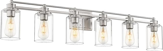 Bathroom Vanity Light Fixtures 6 Light, HWH Brushed Nickel Vanity Light Bathroom Lights Over Mirror, Wall Vanity Lights for Bathroom with Clear Glass Shade, 5HLT63B-6W BN