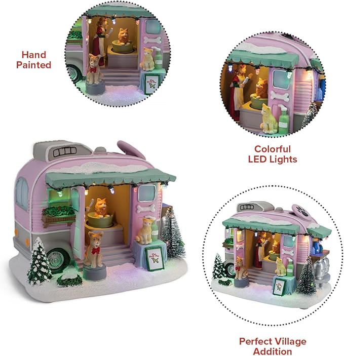 Pet Grooming Trailer Animated Christmas Village with LED Lights and Music