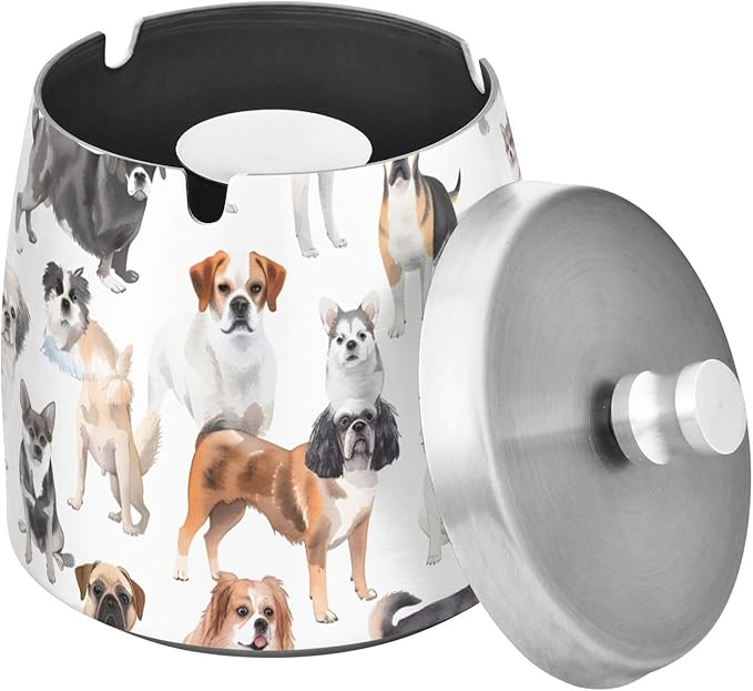 Dog Breeds Ashtray with Lid, Outdoor Ashtrays for Patio, Stainless Steel Ashtray Odorless Smokeless for Home Office Balcony
