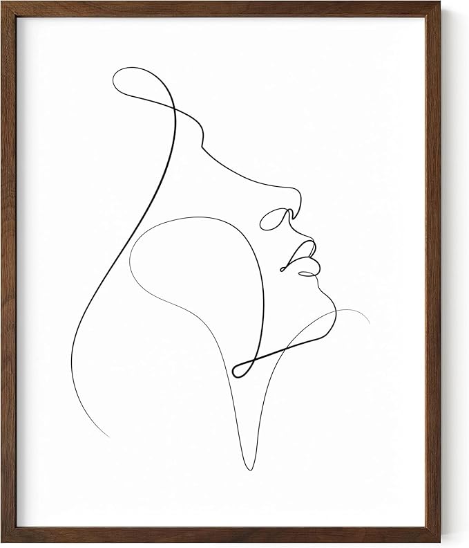 Minimalist Woman Profile Wall Art Upward Gaze Continuous Line Drawing Feminine Face 8x10 Inch Oak Wood Walnut Framed Modern Aesthetic Print for Living Room