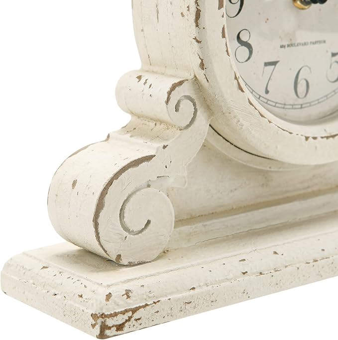 NIKKY HOME Vintage Mantel Table Clock with 2 Birds, Silent Non-Ticking Battery Operated Desk Shelf Rustic Wooden Clock for Living Room Decor - Distressed White