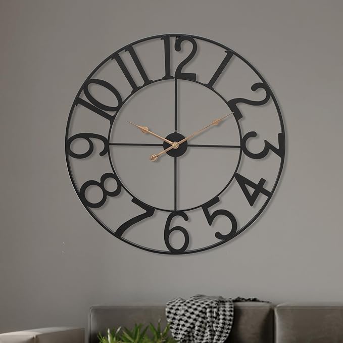 Modern Industrial Wall Clock with Cutout Metal Numerals, Grey and Gold Vintage Luxury Design for Living Room and Office Decor, 30 Inch
