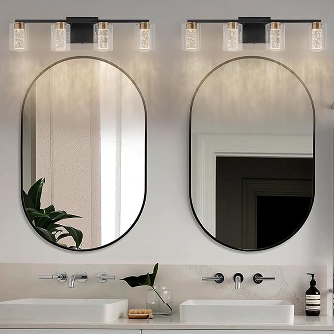 SineRise 4-Light Black and Gold Vanity Light with 3 Color Modes (3000K/4000K/6000K), Eye Protection LED Bathroom Light Fixture, Dimmable Modern Wall Light Over Mirror with Clear Glass Shade