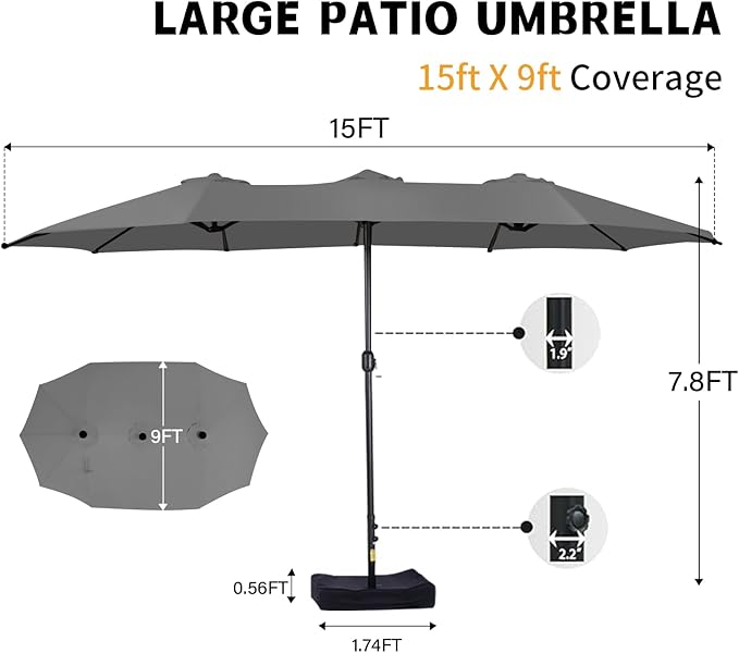 15ft Large Patio Umbrellas with Base Included, Outdoor Double-Sided Rectangle Market Umbrella with Stand, Outside Umbrellas for Poolside Lawn Backyard