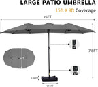 15ft Large Patio Umbrellas with Base Included, Outdoor Double-Sided Rectangle Market Umbrella with Stand, Outside Umbrellas for Poolside Lawn Backyard