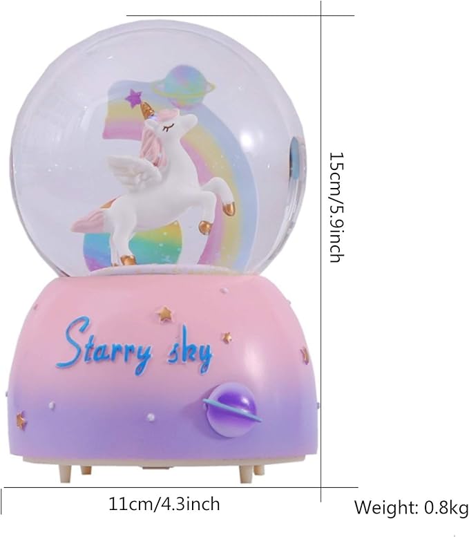 Unicorn Music Snowball, 3.94 Inch Automatic Snowfall Music Box, with LED Rainbow Snow Lights, Birthday, Christmas, Ideal Gift for Girls