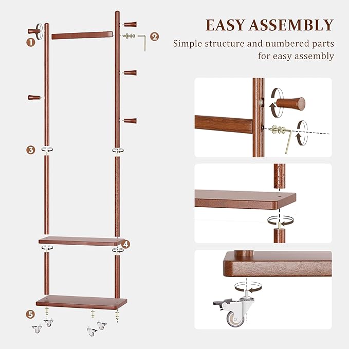 Coat Rack Freestanding Clothing Rack with Wheels & 2 Shelves Storage & 5 Hooks Heavy Duty Clothes Rack Wood Coat Tree Stand Hat Hanger Rack for Corner Bedroom Entryway Living Room Hotel Size L