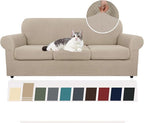 YEMYHOM Latest Checkered 4 Pieces Couch Covers for 3 Cushion Couch High Stretch Thickened Sofa Cover for Dogs Pets Elastic Slipcovers Living Room Furniture Protector (Khaki), 71"-91"(3 Cushions)