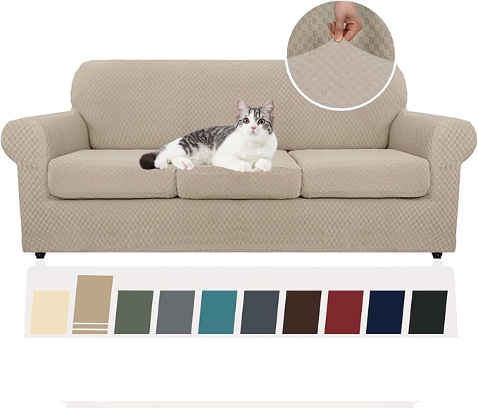 YEMYHOM Latest Checkered 4 Pieces Couch Covers for 3 Cushion Couch High Stretch Thickened Sofa Cover for Dogs Pets Elastic Slipcovers Living Room Furniture Protector (Khaki), 71"-91"(3 Cushions)