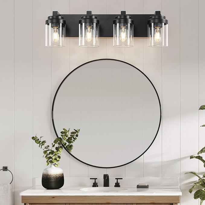 Bathroom Vanity Light, 4 Light Black Vanity Lights with Clear Glass Shade, Farmhouse Bathroom Vanity Lighting Fixtures Over Mirror for Living Room,E26