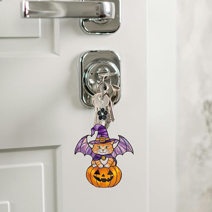 Halloween Cat Pumpkin Stained Glass Style Ornament, Acrylic Window Hanging Suncatcher Decoration, Cute Witch Cat on Jack O’Lantern Decor for Christmas Tree, Garden, Gift for Women Mom Birthday Holiday
