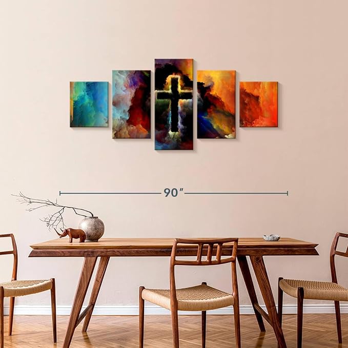Elephant Stock Colorful Cross Wall Art Multi Piece Canvas - 5 Panel Christian Pictures Decor - Digital Design Canvas Print - Christian Wall Decor - 80" X 36"