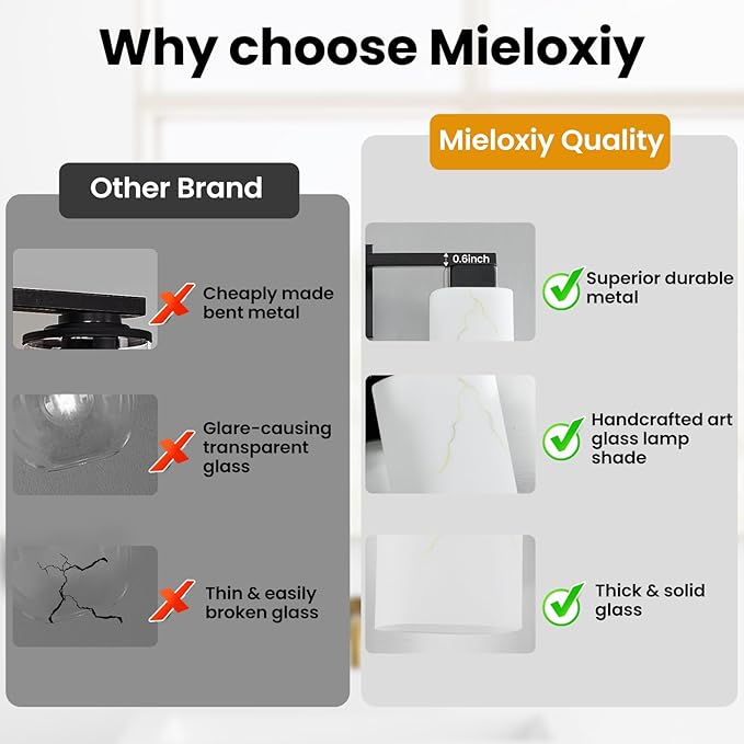 3-Light Square Bathroom Light Fixture, Matte Black Modern Vanity Light with White Marble Glass Shade, for Bathroom Mirror, Living Room, Bedroom, Hallway, E26 Base