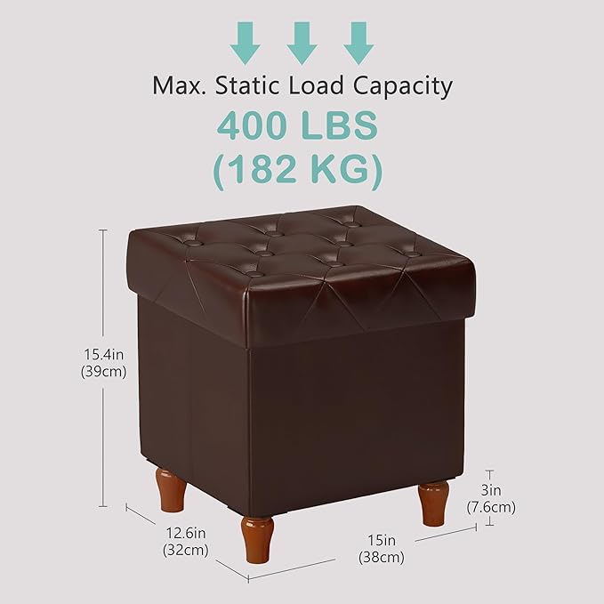 CAROLMADE Folding Storage Ottoman Cube PU Leather Footstool with Wood Legs Ottoman Footrest for Living Room and Bedroom Brown, 15x12.6 x 15.4”