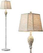 65'' Rustic Floor Lamp for Living Room with 2 Light Sources, Hollow Out Nightlight Resin Farmhouse Tall Standing Lamp for Bedroom Office Corner, Bulb Included (Wash White)